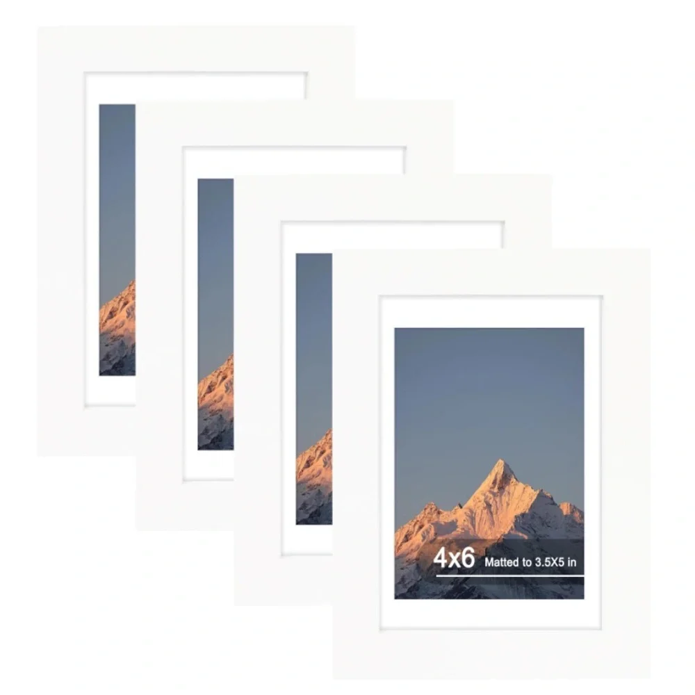 Set of 4 White Wooden Photo Frames with Mat